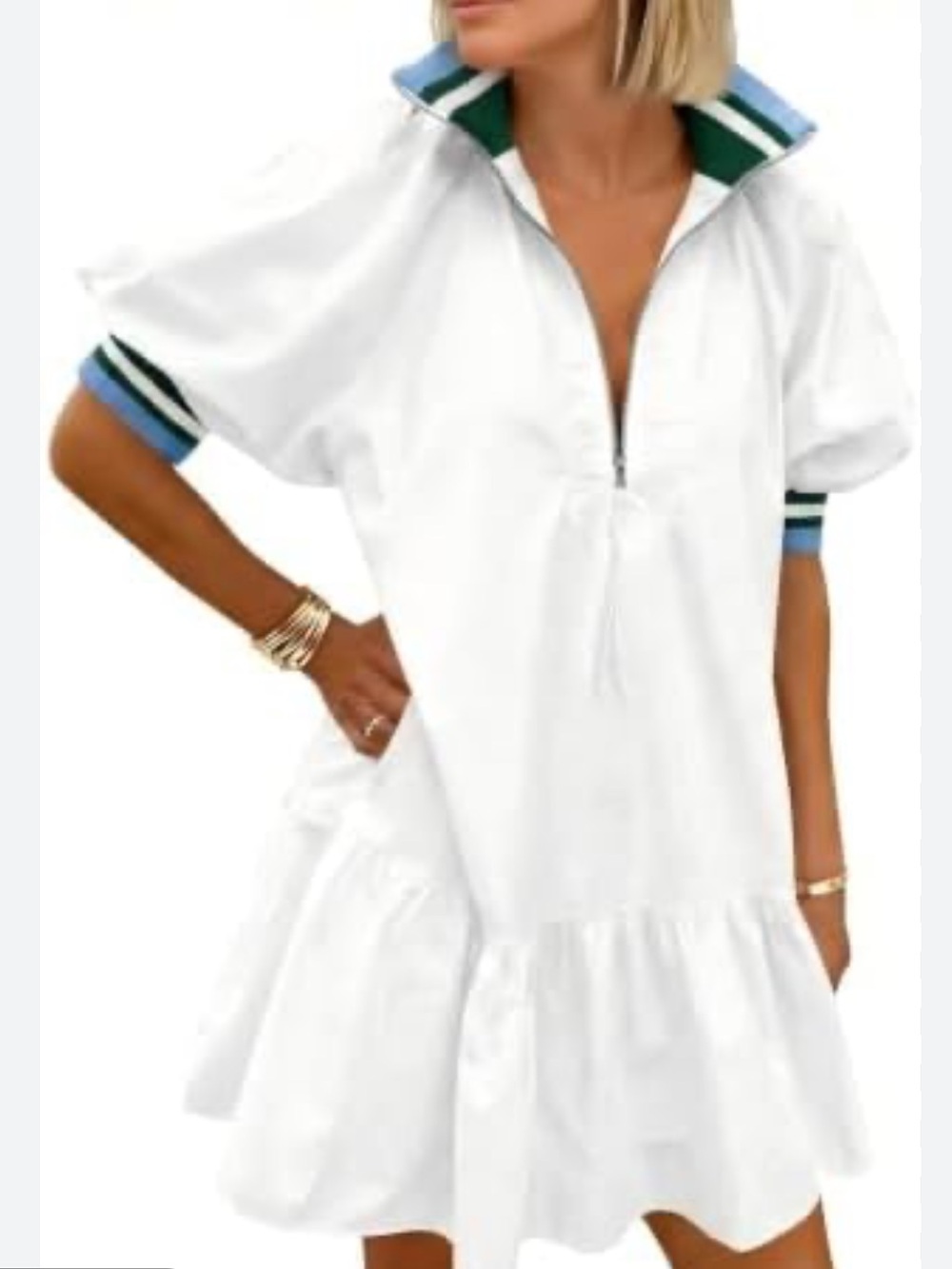 ⚪ Wenrine Zip Front Colorblock Dress | M | White Blue Green